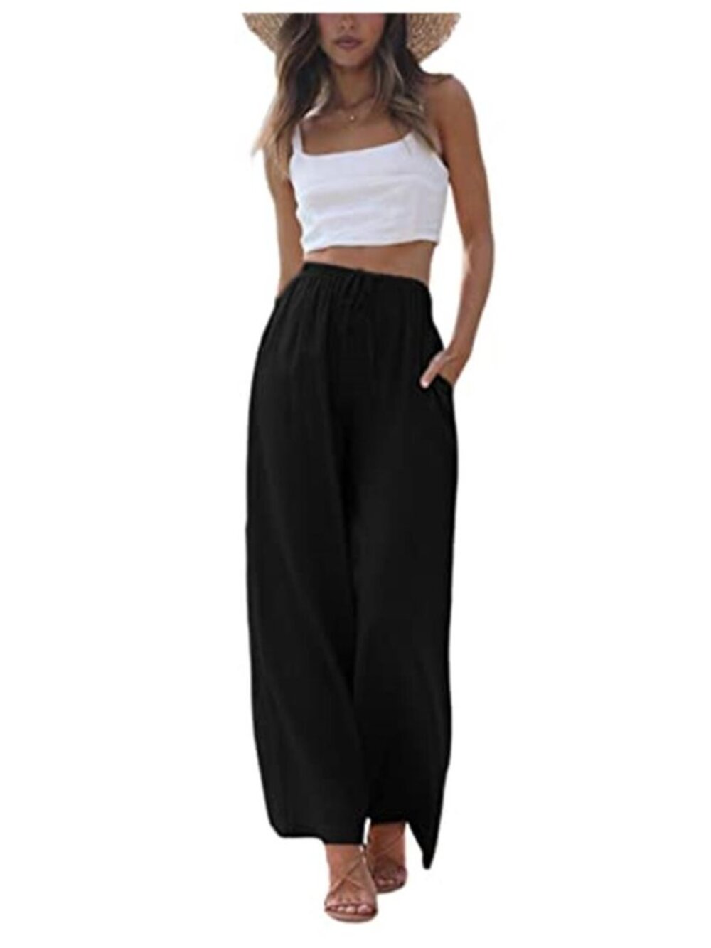 Black Wide Leg Palazzo Pants Women High Rise Flowy Beach Linen Cotton Pockets